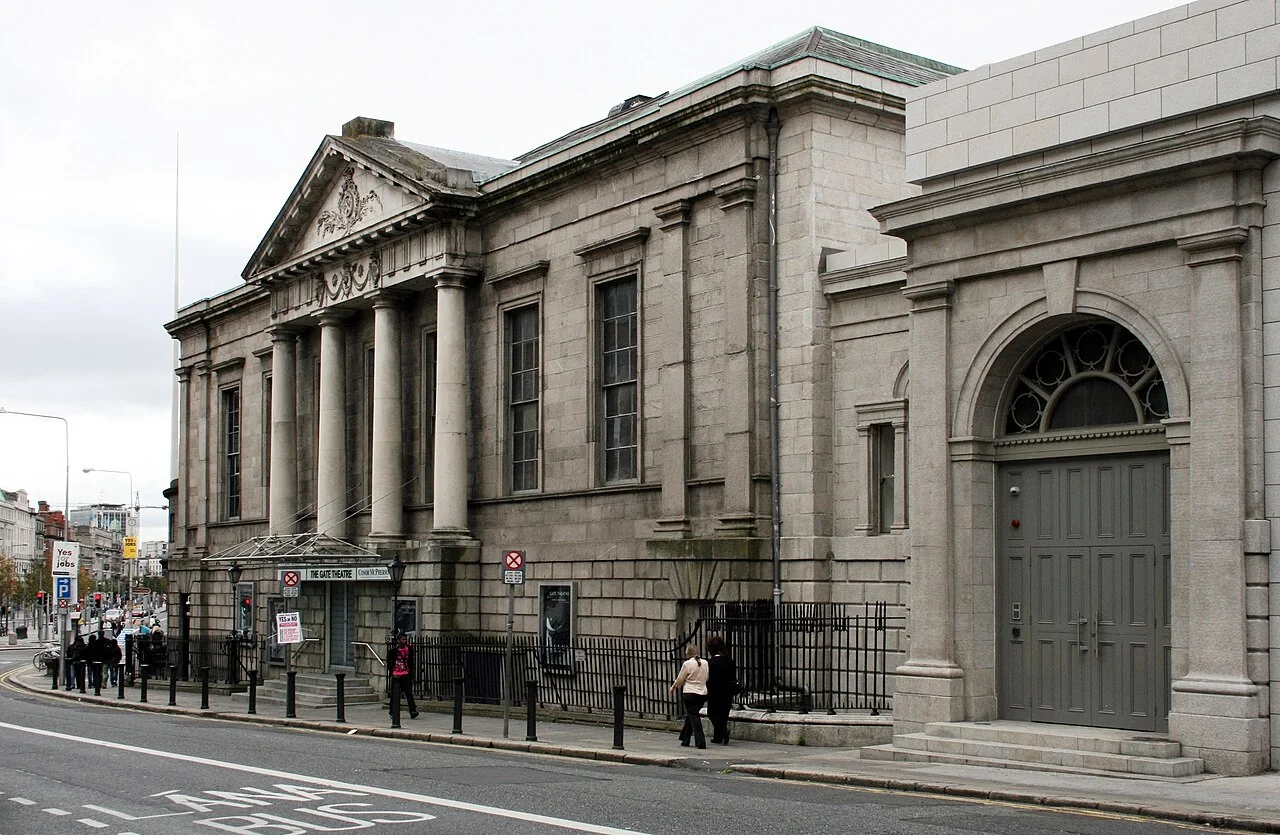 The stone facade and columned entrance of the Gate Theatre in Dublin.